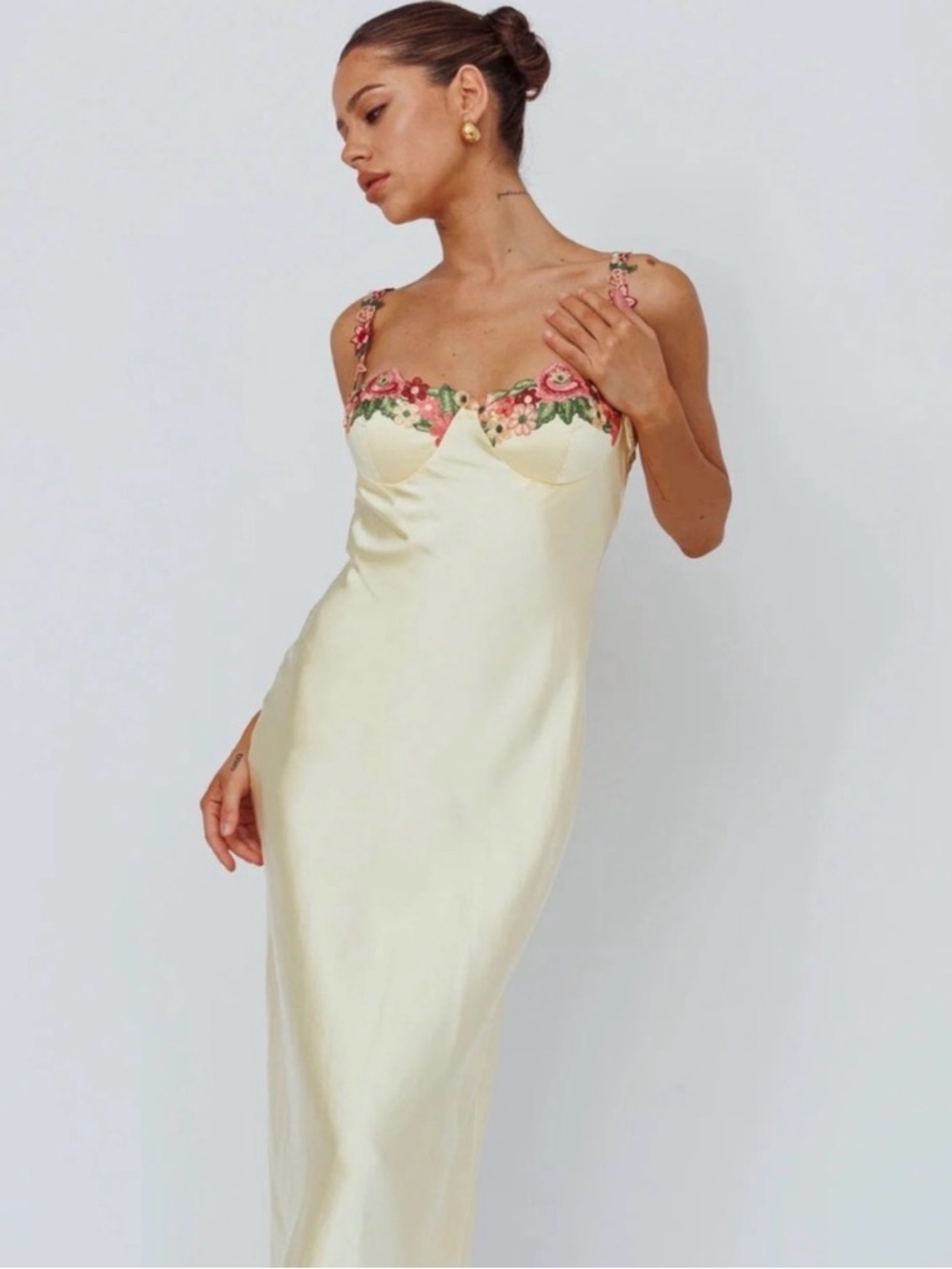 Floral Trim Cream Maxi Slip Dress